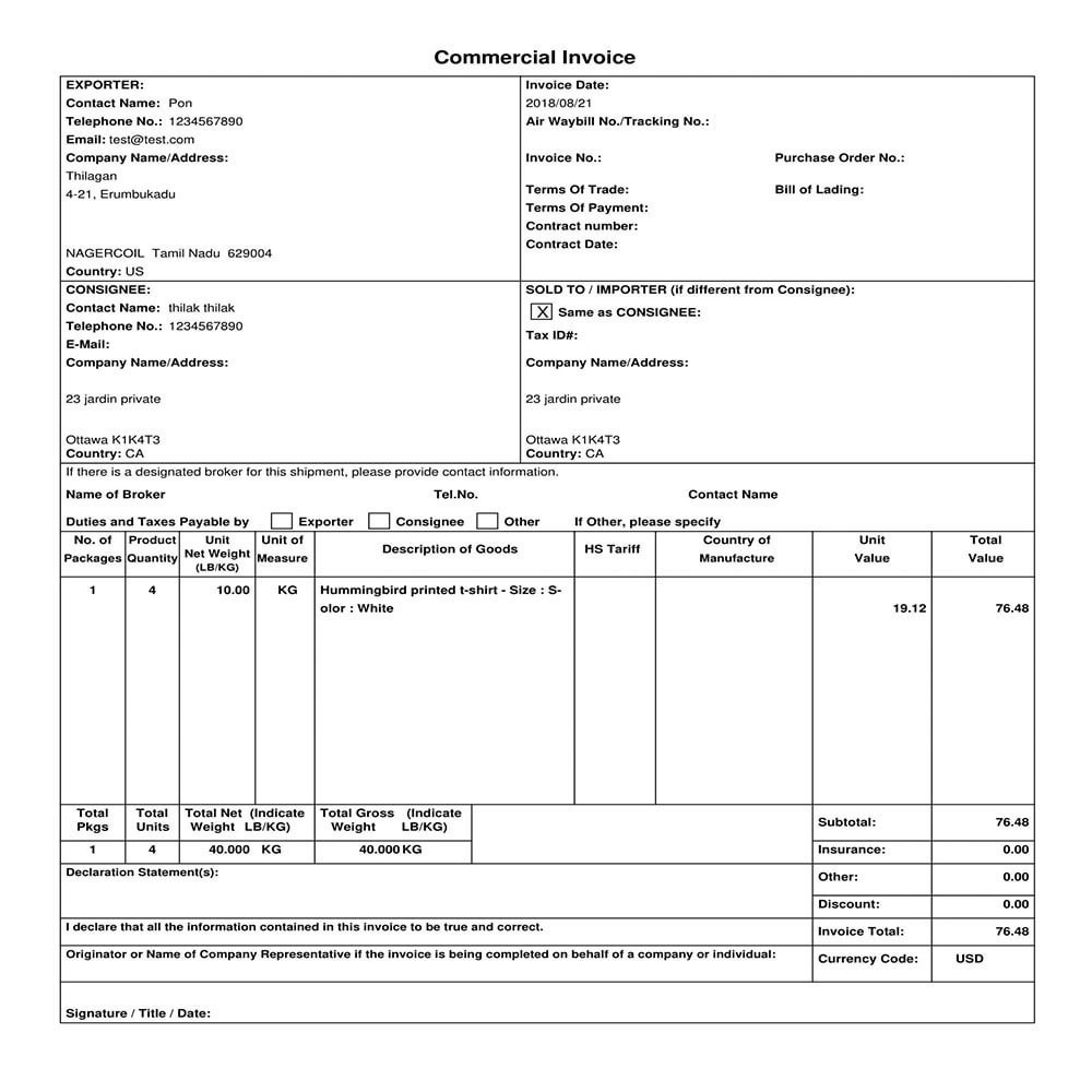 international shipping commercial invoice template