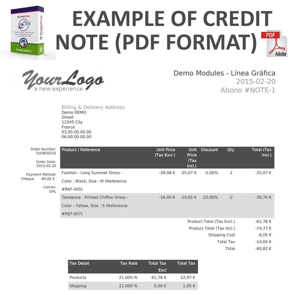 Credit Notes / Memos of the Complete Invoice in PDF 